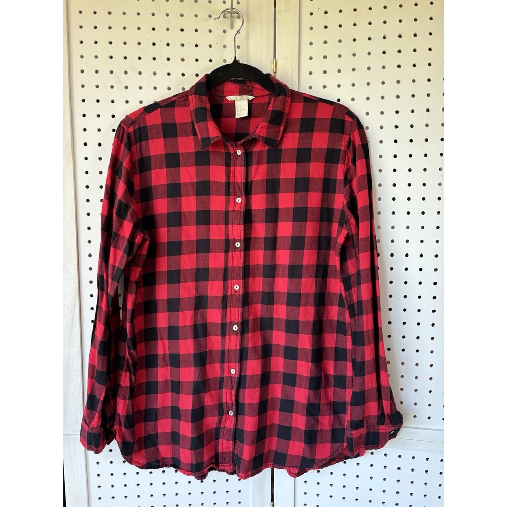 H&M Women's 8 Red Black Check Button Down Long SLV Flannel Cotton Shirt
